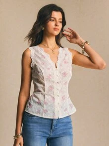 Poéselle 女士优雅米白色夏季度假碎花V领蕾丝拼接露背系带吊带背心，精致刺绣印花衬衫 - 白色 - 查看 7