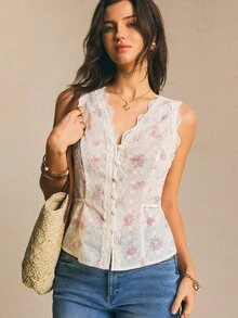 Poéselle 女士优雅米白色夏季度假碎花V领蕾丝拼接露背系带吊带背心，精致刺绣印花衬衫 - 白色 - 查看 9