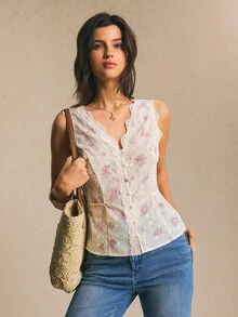 Poéselle 女士优雅米白色夏季度假碎花V领蕾丝拼接露背系带吊带背心，精致刺绣印花衬衫 - 白色 - 查看 8