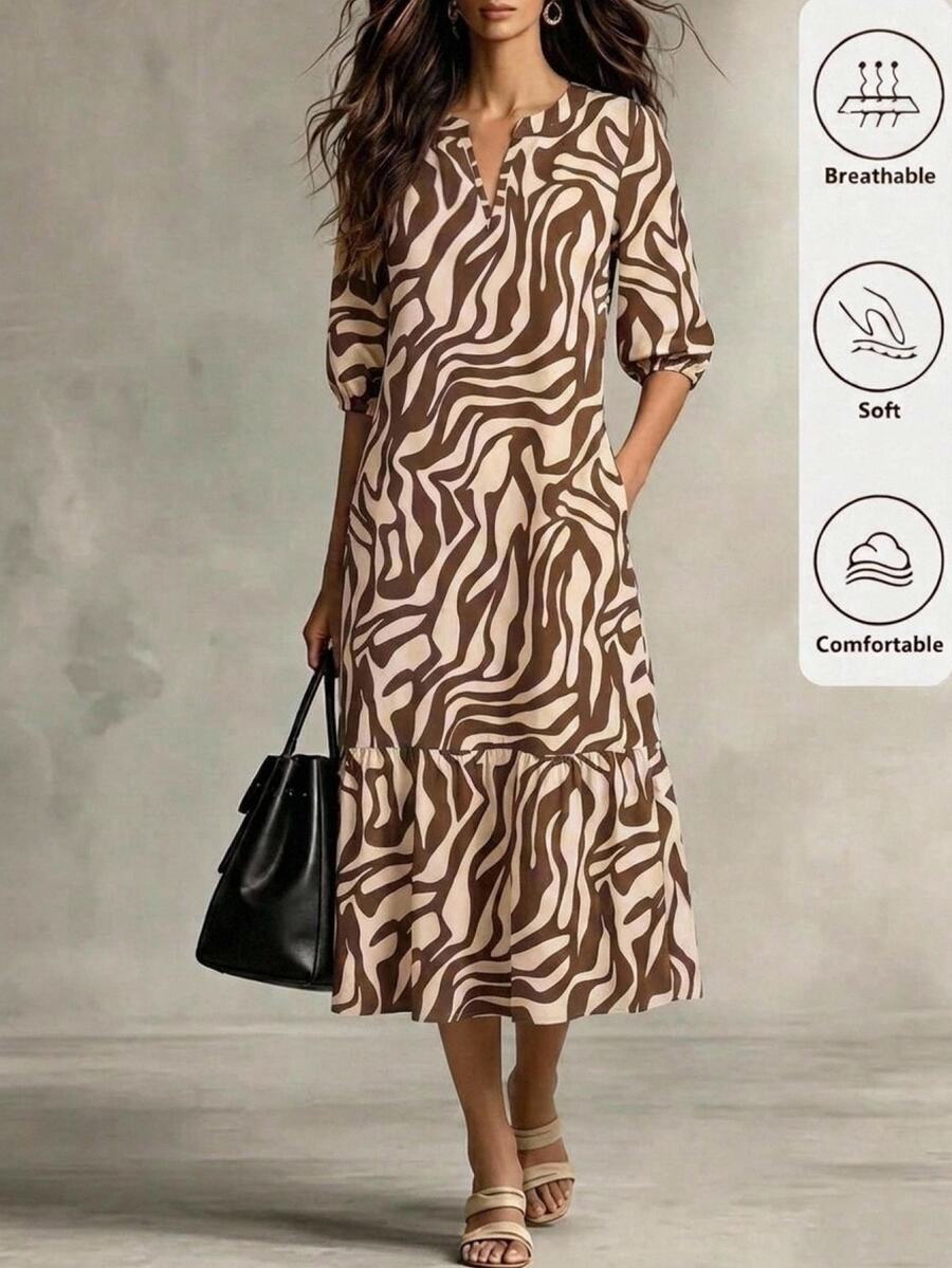 Medorina Women's Zebra Print V-Neck Ruffle Hem Short Sleeve Dress, Autumn/Winter - Multicolor - View 1