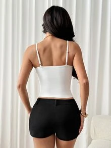SHEIN PETITE 女款素色修身百搭休閒細肩帶背心上衣 - 白色 - 查看 2