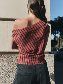 Nöista Red & Black One-Shoulder Striped Top With Asymmetrical Neckline. Fall, Party, Vacation, Going Out Style. Aesthetic Chic - Red - View 2