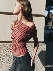 Nöista Red & Black One-Shoulder Striped Top With Asymmetrical Neckline. Fall, Party, Vacation, Going Out Style. Aesthetic Chic - Red - View 7