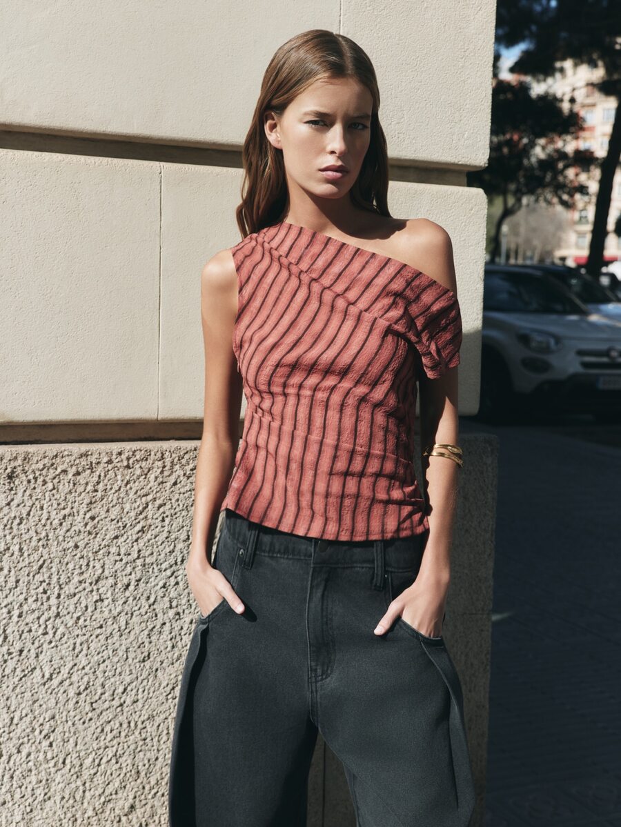 Nöista Red & Black One-Shoulder Striped Top With Asymmetrical Neckline. Fall, Party, Vacation, Going Out Style. Aesthetic Chic - Red - View 1