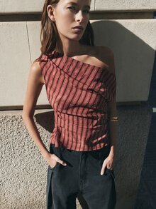 Nöista Red & Black One-Shoulder Striped Top With Asymmetrical Neckline. Fall, Party, Vacation, Going Out Style. Aesthetic Chic - Red - View 8