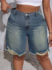 SHEIN Tall CURVE 大碼牛仔短褲 - 中等水洗藍 - 查看 1