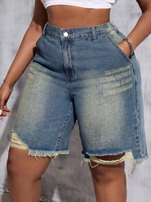 SHEIN Tall CURVE 大碼牛仔短褲 - 中等水洗藍 - 查看 5