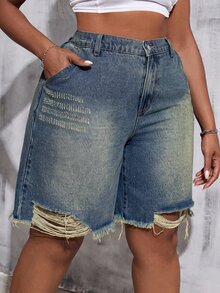SHEIN Tall CURVE 大碼牛仔短褲 - 中等水洗藍 - 查看 6