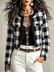 EMERY ROSE Women's Elegant Plaid Jacket For Spring And Autumn Commuting - Black and White - View 1