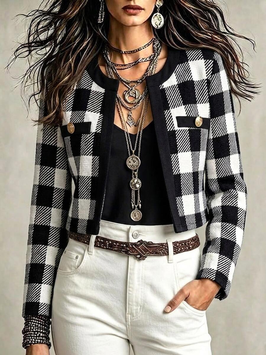 EMERY ROSE Women's Elegant Plaid Jacket For Spring And Autumn Commuting - Black and White - View 1