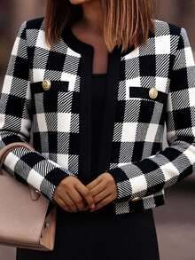 EMERY ROSE Women's Elegant Plaid Jacket For Spring And Autumn Commuting - Black and White - View 4