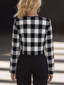 EMERY ROSE Women's Elegant Plaid Jacket For Spring And Autumn Commuting - Black and White - View 2