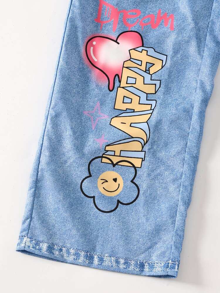 SHEIN Sparklyn 青少年女孩休閒字母圖案梭織直筒長褲，春季 - 藍色 - 查看 7
