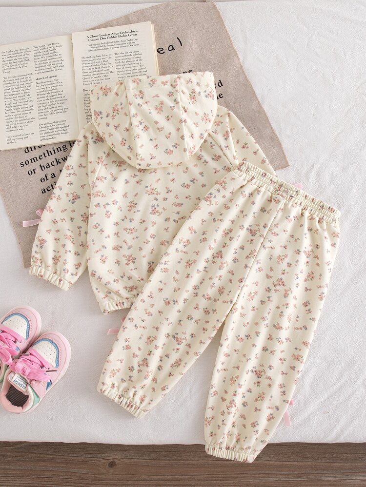 SHEIN Playful Pals 2pcs/Set Autumn/Winter Cotton Blend Baby Girl Jacket And Pants Set, Floral Hooded Jacket With Matching Long Pants, Side Ribbon Bow Detail, Fashion Versatile Casual Sweet Outdoor Sports Outfit - Multicolor - View 2