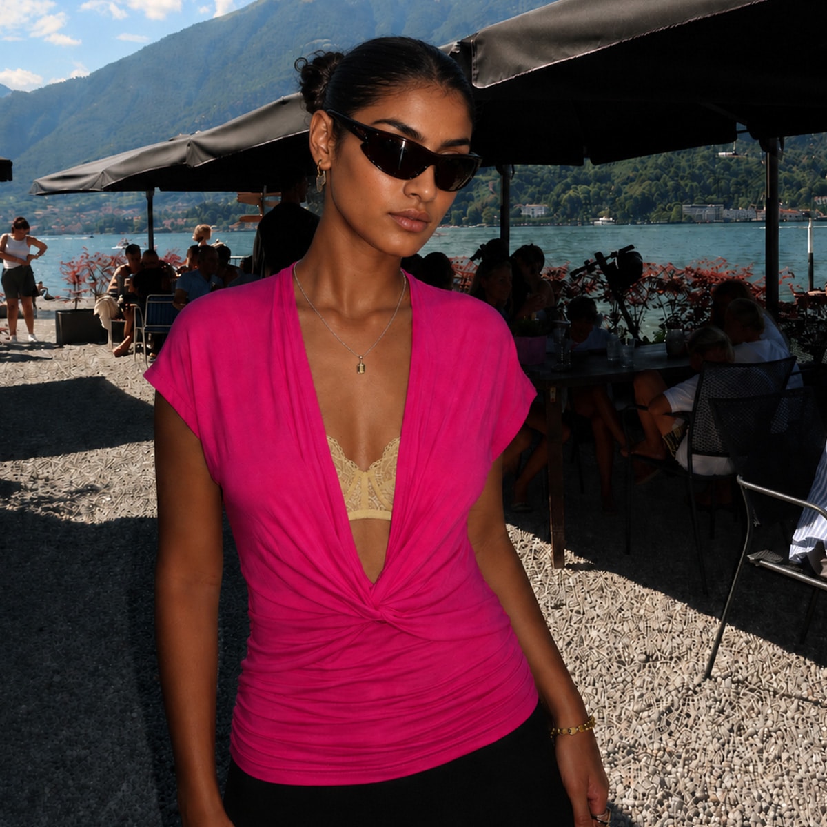 Hot Pink Cowl Neck With Gathered Twist Top, view 9