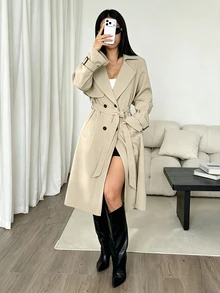 SHEIN PETITE معطف ترنش بتصميم أنيق خصر مشدود وقصة A-خط بأكمام طويلة للخريف/الشتاء - كاكي - مشاهدة 1