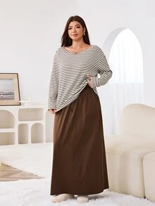 Solflare Setelan 2 Potong Wanita Ukuran Besar Bergaris Lengan Panjang Atasan dan Rok Kasual Tradisional Lembut dan Sopan untuk Liburan Formal Cokelat Tua Musim Gugur - MultiWarna - View 4