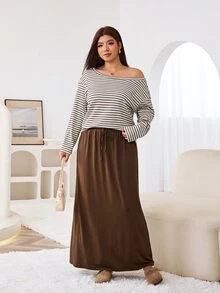 Solflare Setelan 2 Potong Wanita Ukuran Besar Bergaris Lengan Panjang Atasan dan Rok Kasual Tradisional Lembut dan Sopan untuk Liburan Formal Cokelat Tua Musim Gugur - MultiWarna - View 6