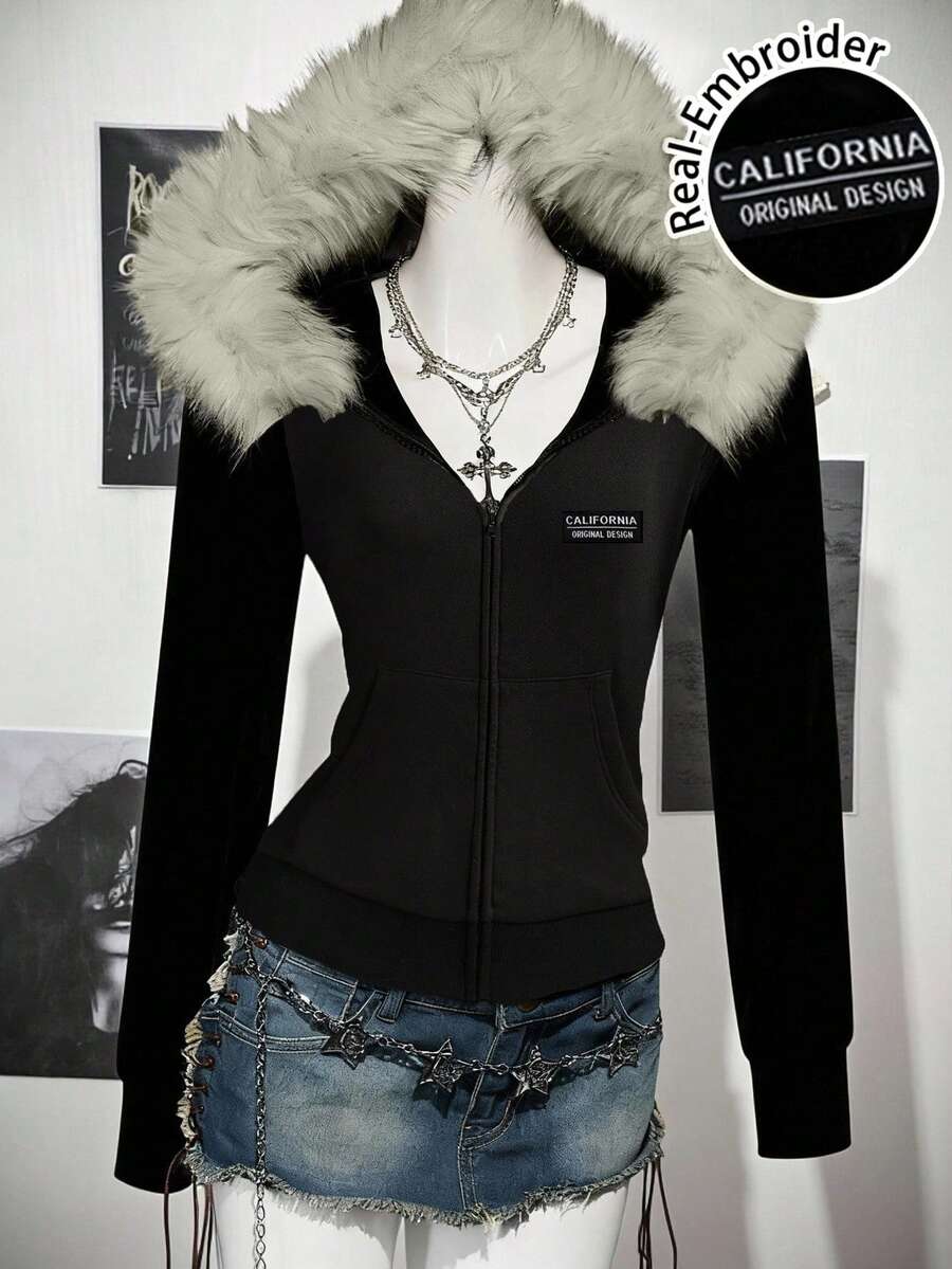 SHEIN ICON 休闲复古风运动字母刺绣贴布装饰女复古修身毛领连帽外套,适合秋冬,朋克风,赛车风,百搭 - 黑色 - 查看 1