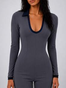 Zerodot Women Grey Collared Scoop Neck Sculpted Jumpsuit Formal Daily Fall Pre Fall - Grey - View 4