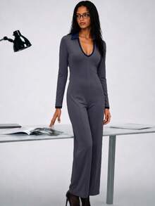 Zerodot Women Grey Collared Scoop Neck Sculpted Jumpsuit Formal Daily Fall Pre Fall - Grey - View 3