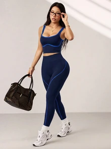 SHEIN Sports High Waist Seamless Sports Leggings - Navy Blue - View 2