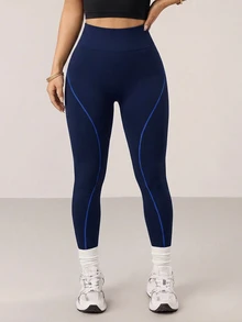 SHEIN Sports High Waist Seamless Sports Leggings - Navy Blue - View 3