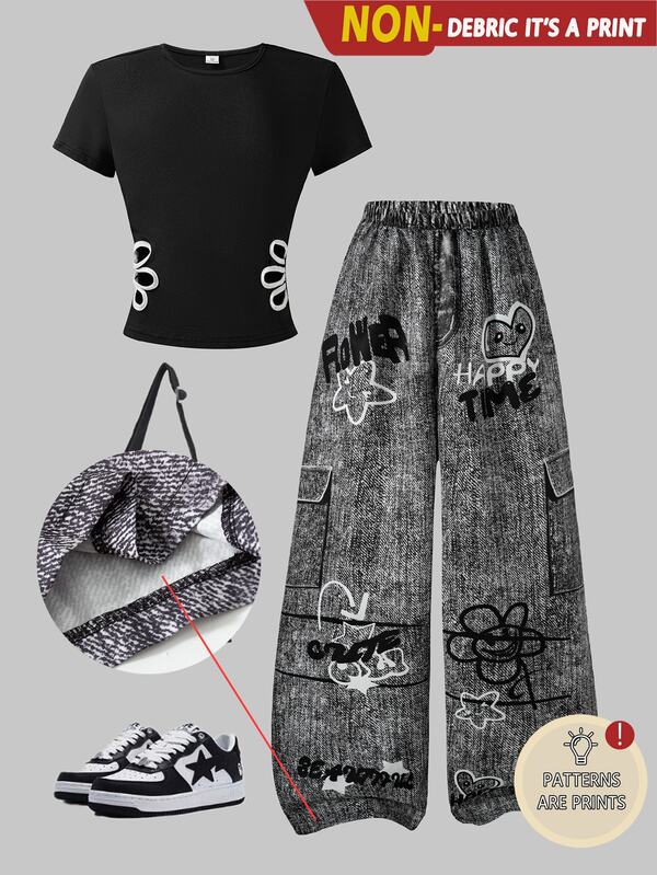 Sparklyn Teenager Summer Comfortable Sports Fashion Hollow Short Sleeve Floral Pattern Faux Pocket Casual Pants 2 Pieces Set
