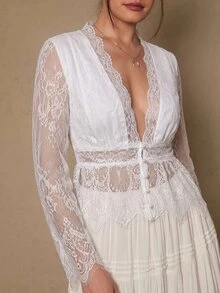 Freevana 女款黑色透視蕾絲V領收腰飄逸舒適襯衫，優雅休閒日常穿搭，春夏大尺碼上衣 - 白色 - 查看 8