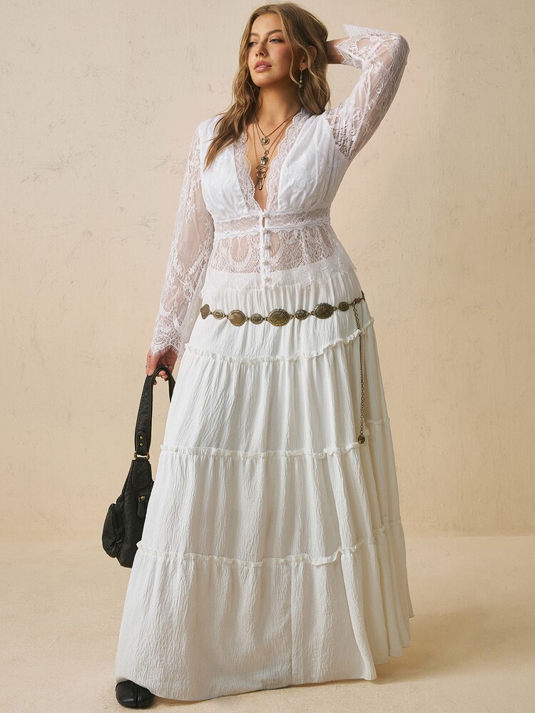 Freevana Women's Sheer Black Lace V-Neck Waist-Cinching Flowy Comfortable Blouse, Elegant Casual Everyday Wear, Spring/Summer Plus Size Shirt Top Fall - White - View 12