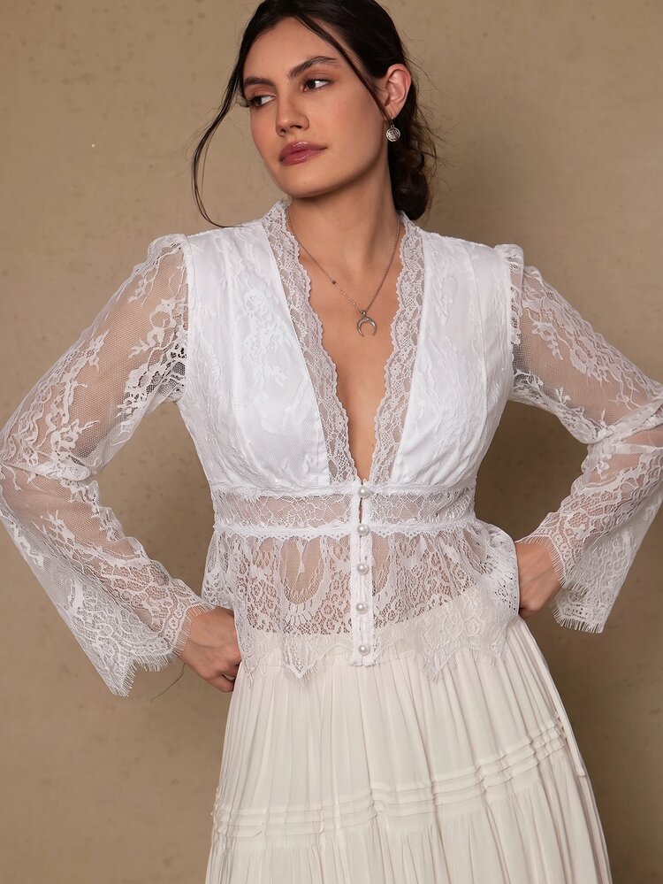 Freevana Women's Sheer Black Lace V-Neck Waist-Cinching Flowy Comfortable Blouse, Elegant Casual Everyday Wear, Spring/Summer Plus Size Shirt Top Fall - White - View 10