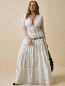 Freevana 女款黑色透視蕾絲V領收腰飄逸舒適襯衫，優雅休閒日常穿搭，春夏大尺碼上衣 - 白色 - 查看 6