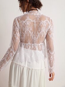 Freevana 女款黑色透視蕾絲V領收腰飄逸舒適襯衫，優雅休閒日常穿搭，春夏大尺碼上衣 - 白色 - 查看 2
