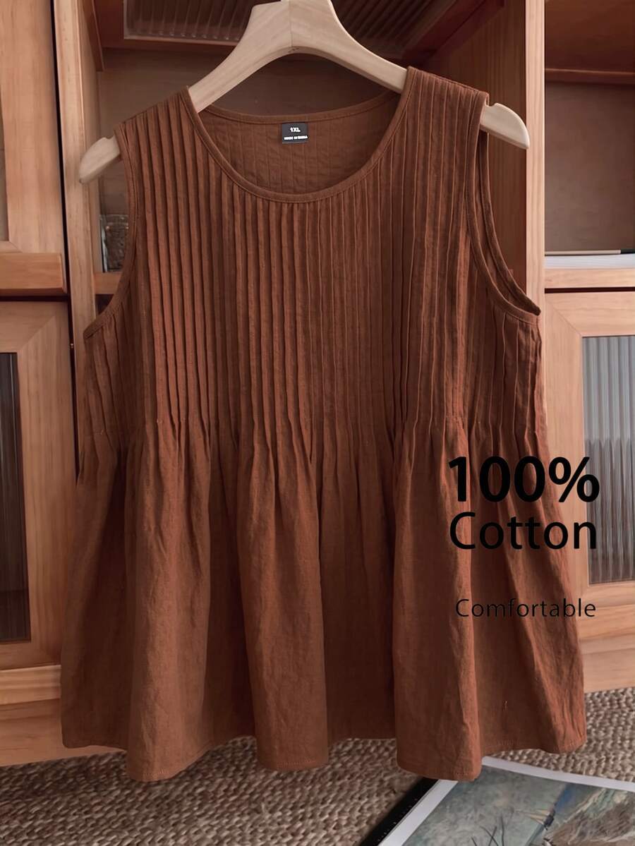 SHEIN LUNE Plus Size Women's Solid Color Casual Versatile Daily Wear Top - Brown - View 1
