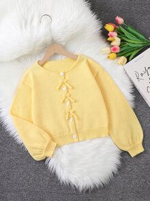 SHEIN 青少年女孩杏色提花圓領開襟毛衣，附毛絨蝴蝶結＋手工編織蝴蝶結，隱藏鈕扣長袖短版針織毛衣，柔軟舒適，適合春秋冬季外出、旅行、度假、托兒所與玩耍 - 黃色 - 查看 8