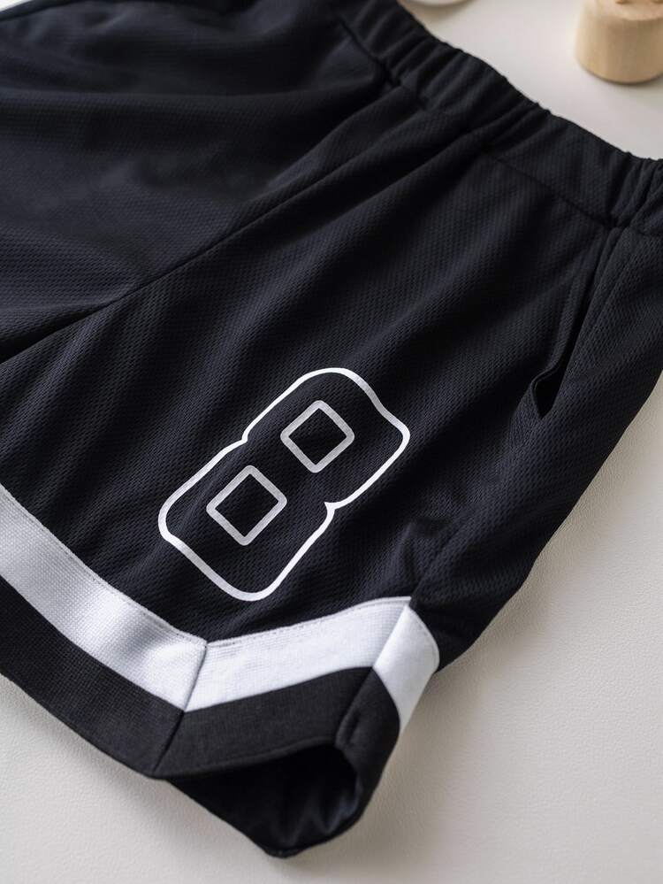 SHEIN 2pcs Loose Fit Sports Letter & Number Printed Short Sleeve Shirt And Shorts Set, For Young Boy - Black and White - View 3