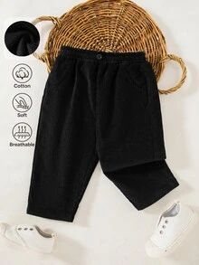 SHEIN 男嬰 0-3歲黑色棉質燈芯絨長褲，柔軟休閒百搭多用途，適合秋冬多種場合 - 黑色 - 查看 4