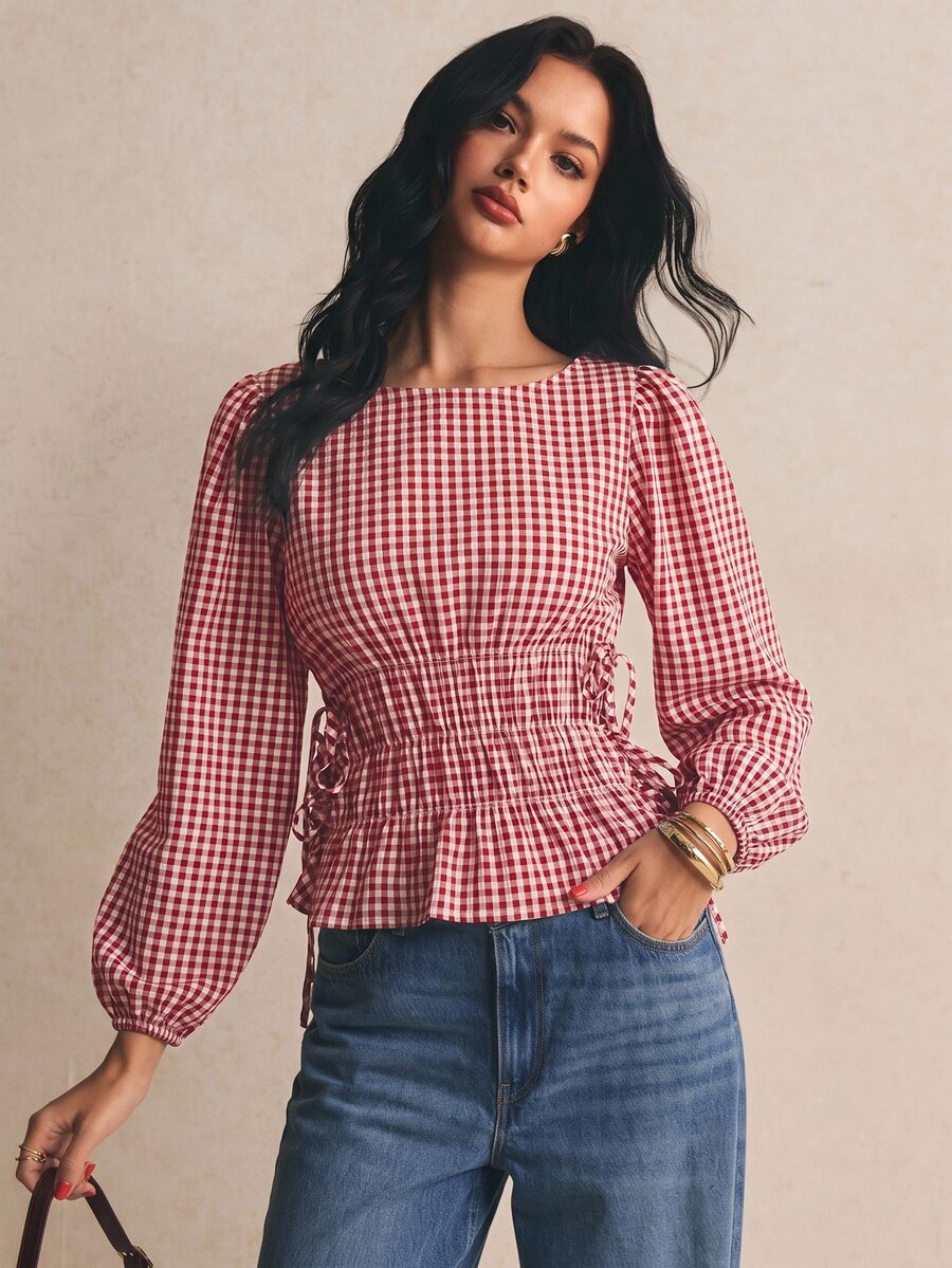 Poéselle Women's Plaid Side Slit Lace-Up Waist Blouse - Red - View 1