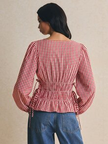 Poéselle Women's Plaid Side Slit Lace-Up Waist Blouse - Red - View 2