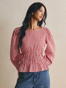 Poéselle Women's Plaid Side Slit Lace-Up Waist Blouse - Red - View 3