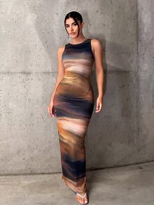 SHEIN ICON 扎染印花修身长裙 - 彩色 - 查看 4