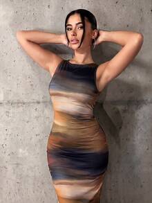 SHEIN ICON 扎染印花修身长裙 - 彩色 - 查看 3
