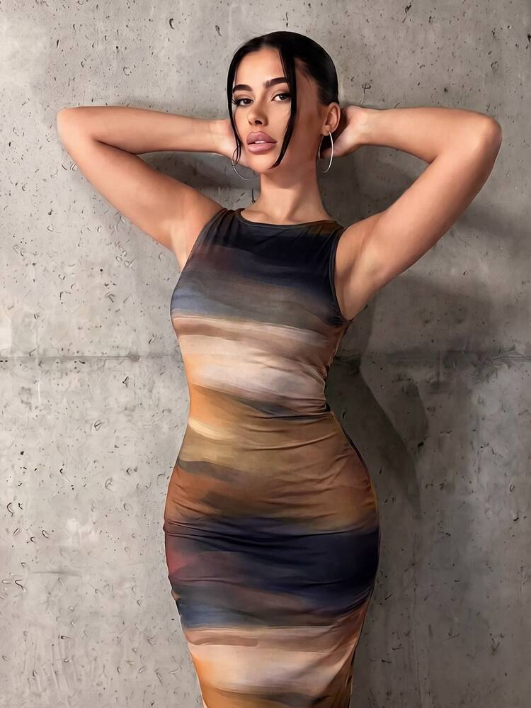 SHEIN ICON Tie Dye Print Bodycon Long Dress,Dresses For Women Summer - Multicolor - View 3