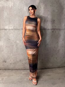 SHEIN ICON 扎染印花修身长裙 - 彩色 - 查看 8