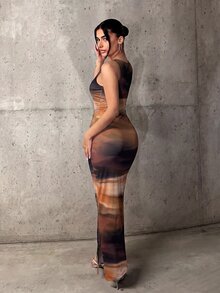 SHEIN ICON 扎染印花修身长裙 - 彩色 - 查看 2