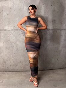 SHEIN ICON 扎染印花修身长裙 - 彩色 - 查看 5