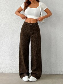 SHEIN Tall 高個女款高腰豹紋寬腿牛仔褲，休閒日常與夏季街頭風女褲 - 棕色 - 查看 4