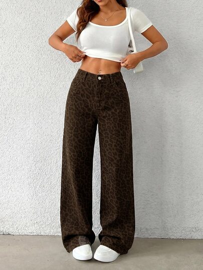 SHEIN Tall Lange Hosen für Frauen mit hoher Taille, Leoparden-Muster und weitem Bein, lässige Alltagshosen und Sommerstreetwear für Frauen