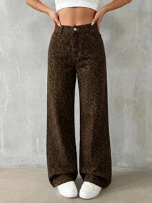 SHEIN Tall 高個女款高腰豹紋寬腿牛仔褲，休閒日常與夏季街頭風女褲 - 棕色 - 查看 3