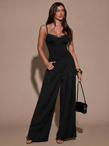 SHEIN BAE Women's Sexy Solid Color Lace Trim Camisole Bodysuit, Summer,Halloween - Black - View 3